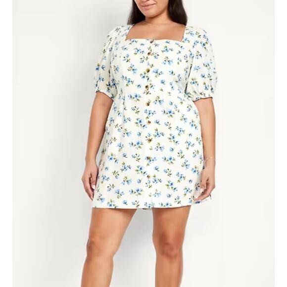 NWT Old Navy Women's Puff-Sleeve Linen-Blend Mini Dress Light Blue Floral SZ LT - Picture 1 of 13